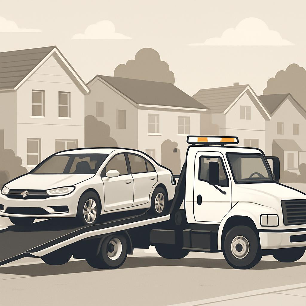 The alt text for the image is: "A white car being towed away on a flatbed tow truck in front of a neighborhood of houses."
