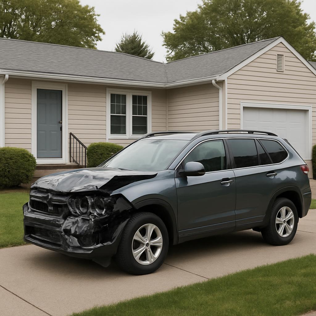 A gray SUV with a damaged front end, parked on a suburban driveway in front of a house.