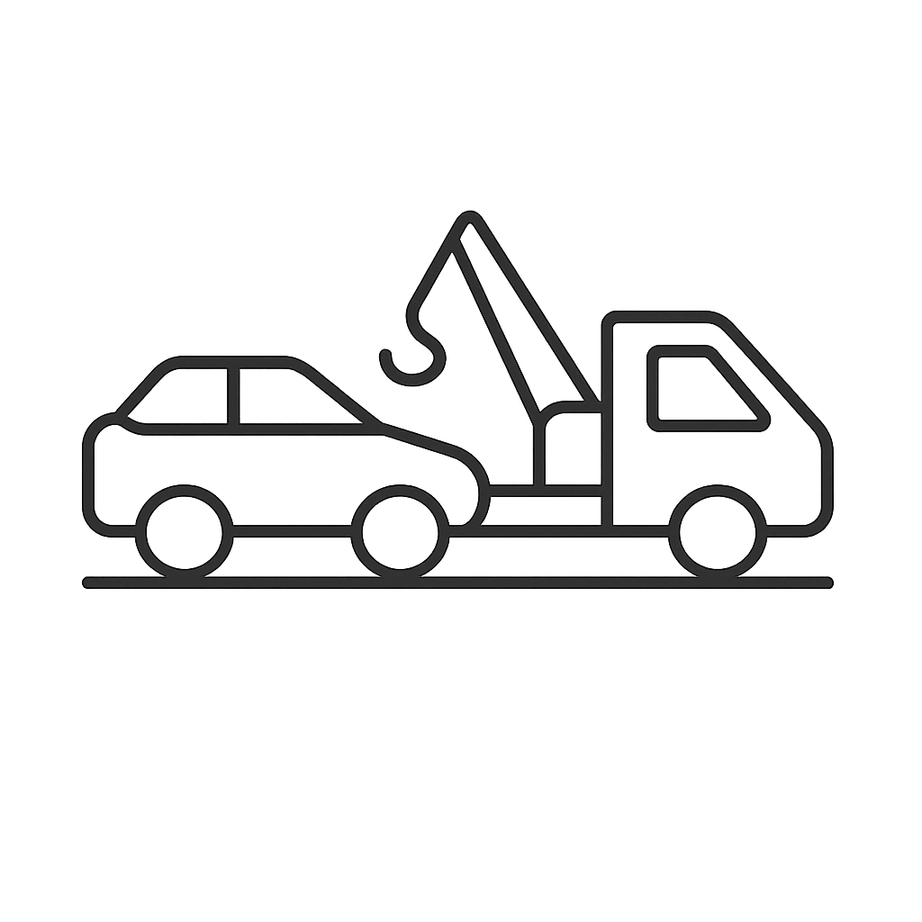 A simple black line illustration of a car transporter featuring a car on the left and a heavy duty hook towing truck on th...